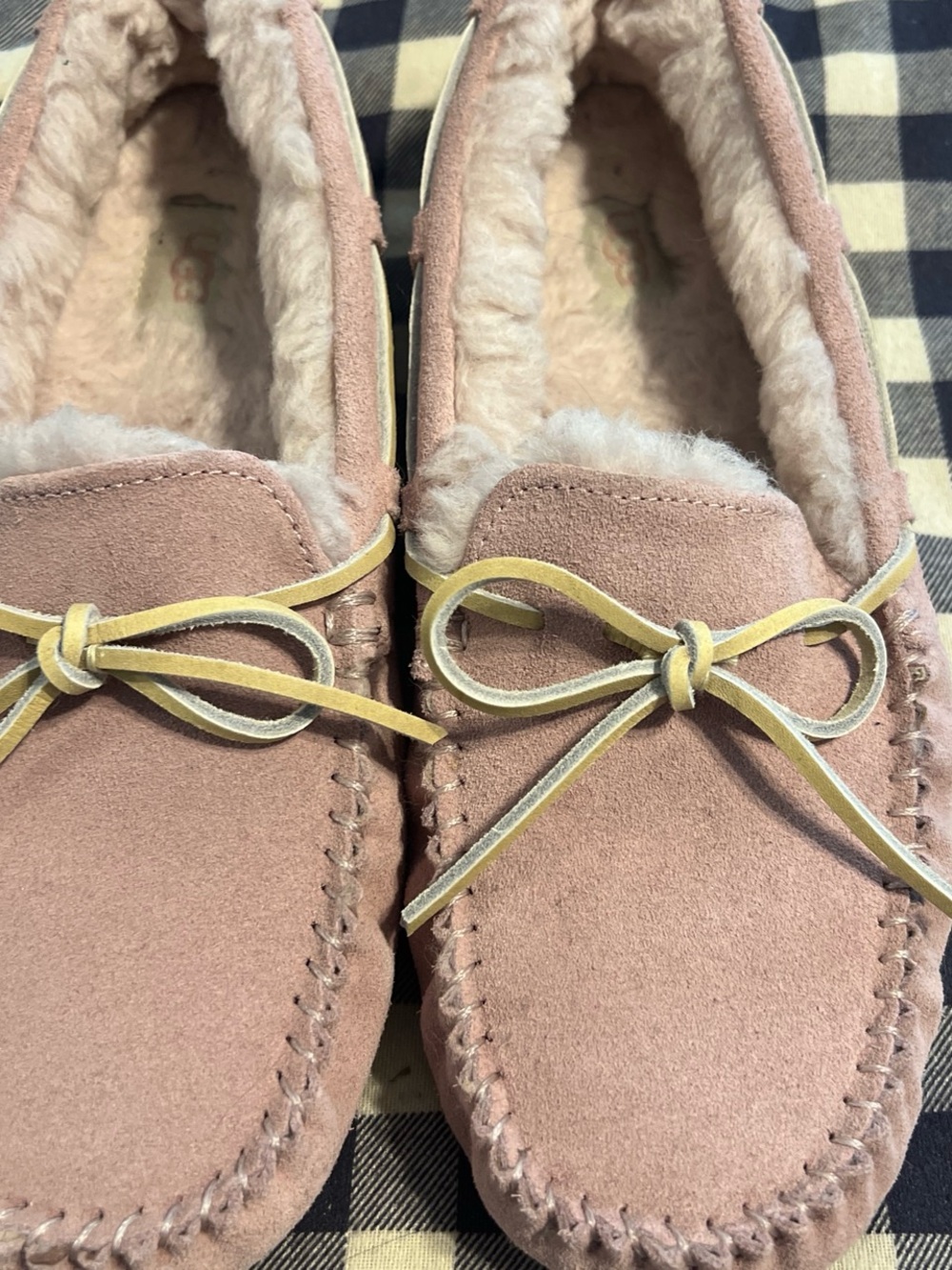 UGG Women's Dusty Pink Suede Shearling Moccasins with Yellow Bow